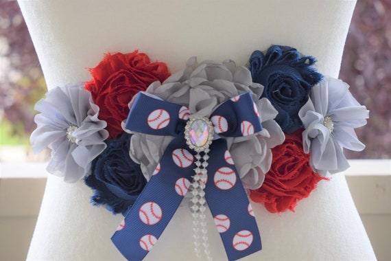 Baseball Maternity Sash, Sport Red Blue Flower Sash, Royal Blue Red Grey Pregnant Sash, Sport Baby Shower, Baseball Baby Shower, Custom Sash