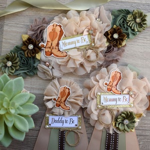 Sage Cowboy Baby Shower, Sage Cowboy Maternity Sash, Boy Cowboy Mommy and Daddy To Be Pin, Sage Brown Flower Sash, Sage Boot Hat Corsage Pin
