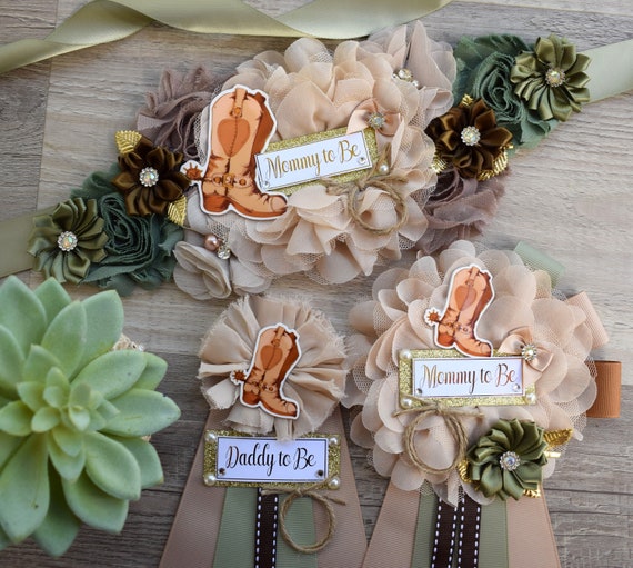 Sage Cowboy Baby Shower, Sage Cowboy Maternity Sash, Boy Cowboy Mommy and Daddy To Be Pin, Sage Brown Flower Sash, Sage Boot Hat Corsage Pin