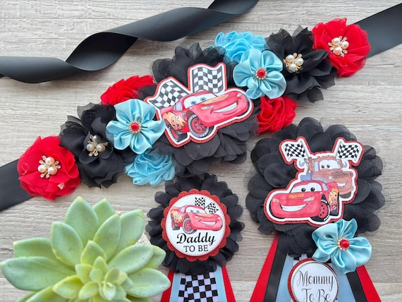 Cars Lightning McQueen Baby Shower, Red Racing Car Maternity Sash, Mommy to Be Ribbon Pin, Daddy To Be Pin, Baby Shower Gift, Custom Sash