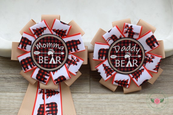 Mama Bear Baby Shower, Buffalo Plaid Mommy Bear, Papa Bear Pin, Lumberjack Mommy To Be Ribbon, Daddy To Be Pin, Red Black Buffalo Plaid