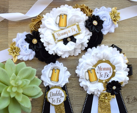 A Baby Is Brewing Baby Shower, Black White Gold Maternity Sash, Beer Mommy To Be Pin, Brewing Daddy To Be Pin, Gender Reveal Baby Shower