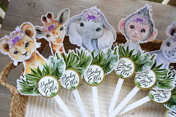 Girl Pink Lavender Jungle Safari Cake Toppers, Baby Shower Party, Baby Shower Centerpieces Decorations, Boy Room Decor, New Mom Gifts- S0002
