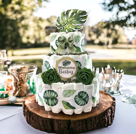 Greenery Diaper Cake Baby Shower, Green Leave Cake Centerpieces Decor, Greenery, Room Nursery Decor, New Mom Gifts II 3 Tier Diaper