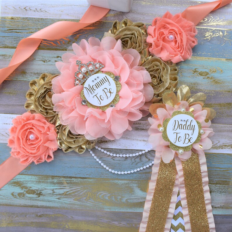 Coral Gold Flower Sash Coral Gold Maternity Sash Coral Gold Etsy