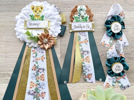 Teal Safari Baby Shower, Teal Gold Tan Animal Mommy To Be Pin, Jungle Daddy To Be Ribbon, Baby shower Gift, Custom