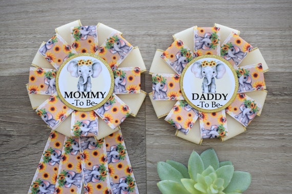 Elephant Sunflower Baby Shower, Yellow Ivory Flower Corsage Pin, Mommy To Be, Daddy To Be, Gender Reveal Sunflower Baby Shower, Sunflower