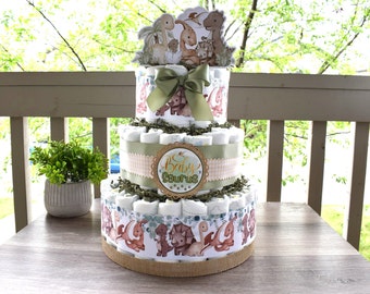 Gâteau de couches dinosaure neutre à 3 étages pour baby shower, décoration de table pour baby shower, cadeau pour nouvelle maman - S0002