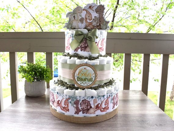 Neutral Dino 3 Tier Diaper Cake Baby Shower, Neutral Dinosaur Diaper Cake, Baby Shower Table Centerpieces Decorations, New Mom Gifts - S0002