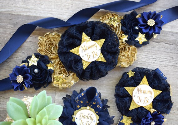 Navy Twinkle Twinkle Little Star Baby Shower, Navy Gold Maternity Sash, Twinkle Twinkle Gender Reveal Gold, Mommy To Be Pin, Daddy To Be Pin