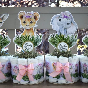 Girl Pink Jungle Safari Mini Diaper Cake Set Baby Shower, Baby Shower Centerpieces Decorations, Girls Nursery Decor, New Mom Gifts - S0002