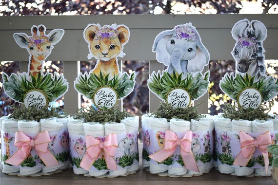 Girl Pink Jungle Safari Mini Diaper Cake Set Baby Shower, Baby Shower Centerpieces Decorations, Girls Nursery Decor, New Mom Gifts - S0002