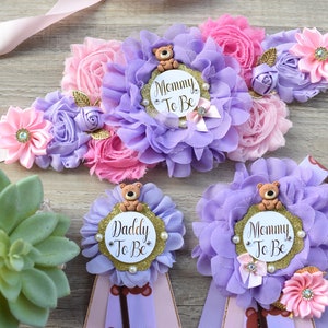 Pink Lavender Teddy Bear Baby Shower, Mama Bear Maternity Sash, Papa Bear Daddy To Be Pin, Mommy To Be Ribbon, Pink Girl Teddy Bear, Custom