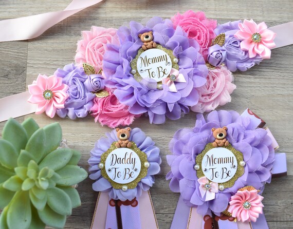 Pink Lavender Teddy Bear Baby Shower, Mama Bear Maternity Sash, Papa Bear Daddy To Be Pin, Mommy To Be Ribbon, Pink Girl Teddy Bear, Custom