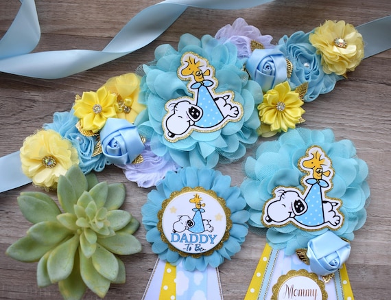 Boy Snoopy Baby Shower, Maternity Sash, Mommy To Be Pin, Daddy To Be Pin, Baby Shower Gift, Custom Order Welcome