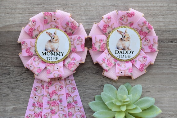 Pink Girl Rabbit Baby Shower, Easter Baby Shower, Girl Bunny Mommy to Be Ribbon Pin, Daddy To Be Pin