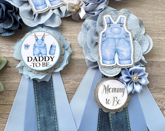 Blue Jean Baby Shower, Maternity Sash, Mommy To Be Ribbon Pin, Daddy To Be Badge Pin, New Parents Gift, Custom Order Welcome