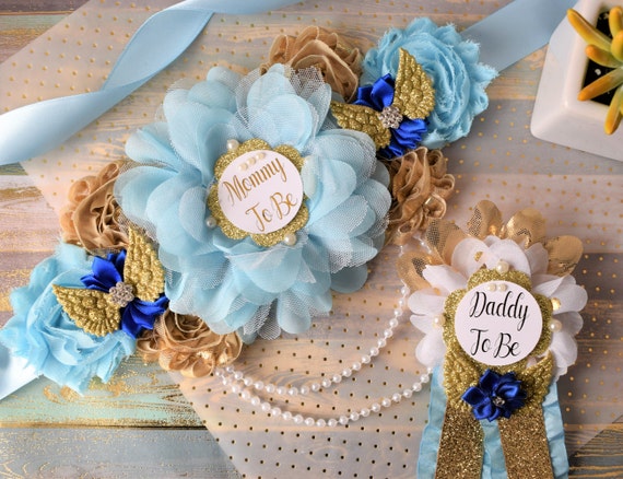 Heaven Sent Baby Shower, Blue Gold Flower Sash, Blue Gold Maternity Sash, Angel Wings Mommy and Daddy To Be, Heaven Sent Baby Shower, Custom
