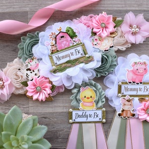 Girl Farm Animal Baby Shower, Barn Animal Baby Shower, Cow Sheep Horse Mommy To Be Ribbon Pin, Farm Daddy To Be Ribbon Pin - S0003