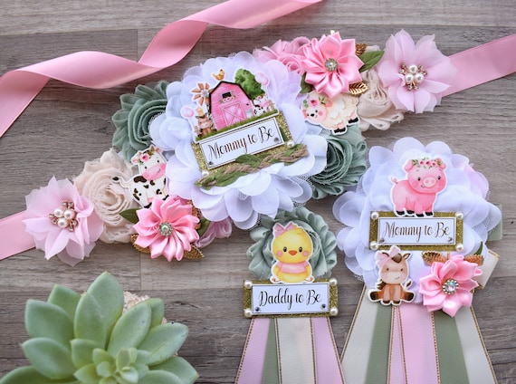 Girl Farm Animal Baby Shower, Barn Animal Baby Shower, Cow Sheep Horse Mommy To Be Ribbon Pin, Farm Daddy To Be Ribbon Pin - S0003