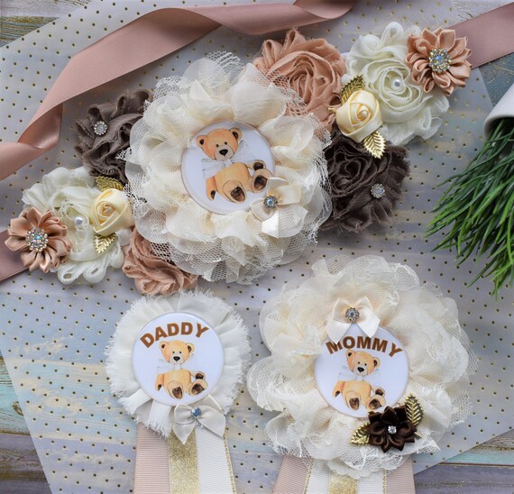 Ivory Brown Teddy Bear Baby Shower, Teddy Bear Flower Sash, Ivory Brown Beige Teddy Bear Corsage Pin, Bear Mommy To Be, Daddy To Be, Custom