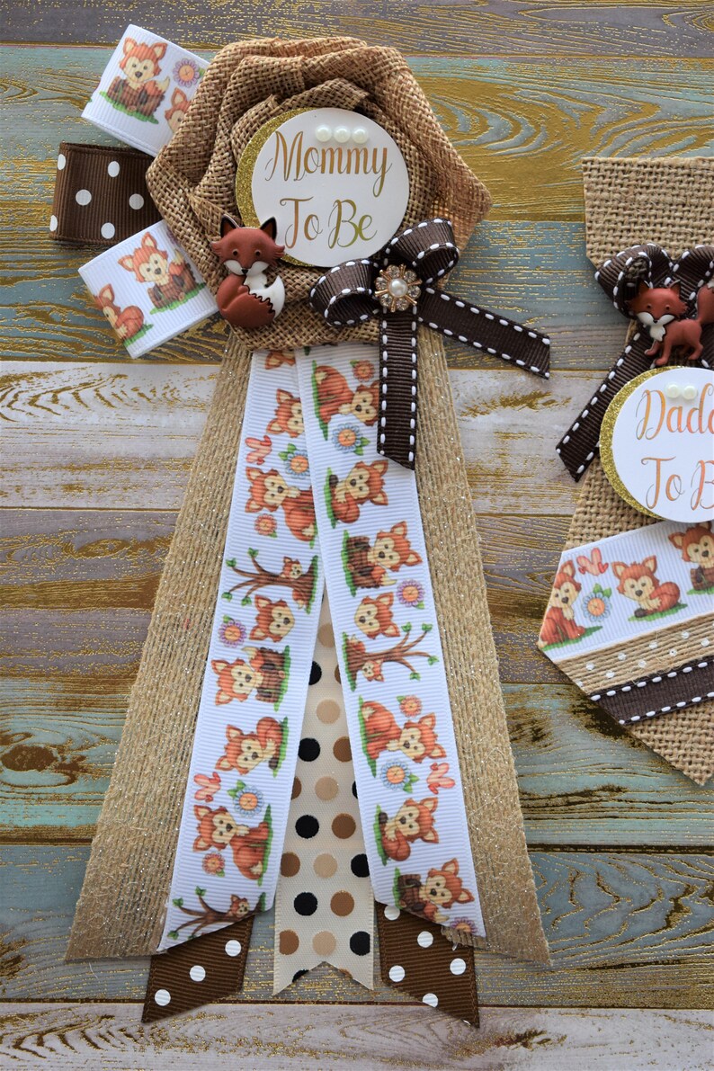Fox Woodland Corsage Pin and Sash Set Woodland Woodland Pin Fox Corsage Pin Fox Shower Woodland Flower Sash Woodland Fox Baby Shower