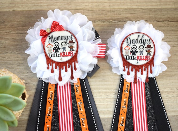 Baby Killer Baby Shower, Halloween Baby Shower, White Red Black Maternity Sash, Mommy To Be Ribbon, Daddy To Be Pin, New Mom Gift