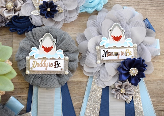 Shark Baby Shower, Blue Gray Maternity Sash, Shark Blue Grey Blue Baby Shower, Shark Mommy To Be Ribbon, Daddy To Be Pin, Custom