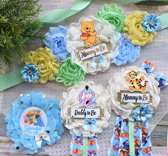 Winnie the Pooh Baby Shower Sash, Winnie the Pooh Maternity Sash, Winnie the Pooh, Winnie the Pooh Mommy and Daddy Pin, Winnie Flower Sash