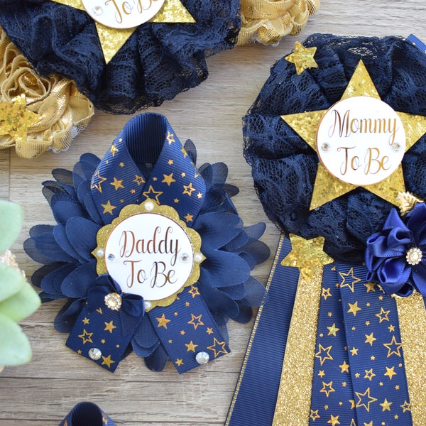 Navy Twinkle Twinkle Little Star Baby Shower, Navy Gold Maternity Sash, Twinkle Twinkle Gender Reveal Gold, Mommy To Be Pin, Daddy To Be Pin
