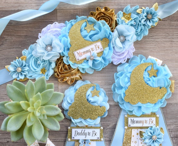 Boy Twinkle Twinkle Little Star Baby Shower, Moon Maternity Sash, Blue White Gold Twinkle Star Mommy To Be Pin, Twinkle Star Daddy To Be Pin