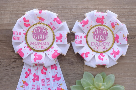 It's a Girl Pins Baby Shower, Baby Girl Mommy To Be Ribbon Pin, It's a Girl, Pink Daddy To Be Pin, Parent's To Be Pins