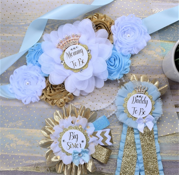 Blue Gold Princess Flower Sash, Blue Gold Maternity Sash, Blue Gold White Pregnant Sash, Mommy and Daddy To Be, Princess Baby Shower, Custom