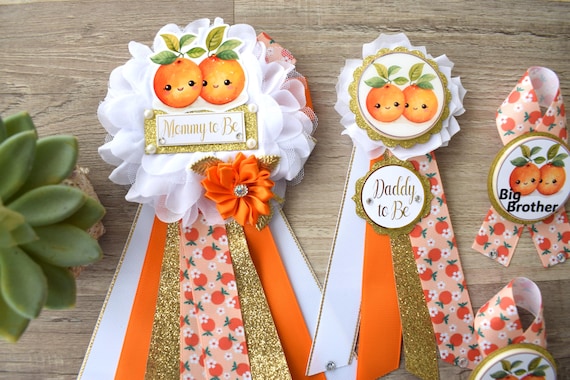 Two Little Cuties Are On The Way Baby Shower, Fruit Orange Maternity Sash, Mommy To Be Ribbon Pin, Daddy To Be , Baby Shower Gift
