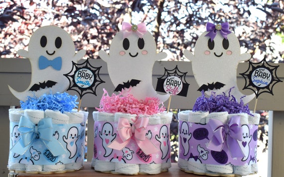 Ghost Diaper Cake Baby Shower, Boy & Girl Halloween Baby Shower Centerpieces Decorations, Blue Pink Lavender Ghost Shower Party Decor -S0011