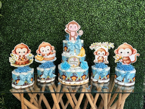 Boy Monkey Diaper Cake Baby Shower, Diaper Cake Centerpieces, Monkey Table Decor for Baby Shower, New Mom Gift II 3 Tier Cake & Mini Diapers