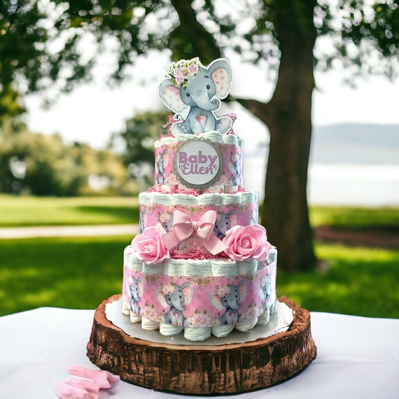 Girl Elephant Diaper Cake Baby Shower, Girl Pink Elephant 3 Tier Diaper Cake Centerpieces Decor, Room Nursery Decor, New Mom Gifts - S00019