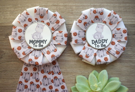 Hippo Baby Shower, Hippo Mommy To Be Ribbon Pin, Hippo Gender Reveal Animal Daddy To Be Badge Pin, Parent's To Be Pin