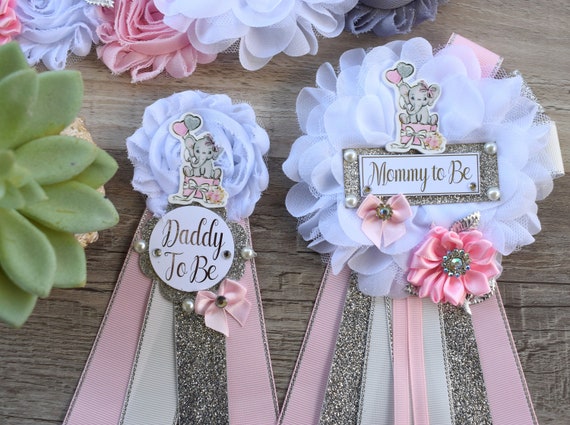 Girl Elephant Baby Shower, Girl Pink Elephant Maternity Sash, Pink Elephant Mommy To Be Ribbon, Daddy To Be Pin, Baby Shower Gift