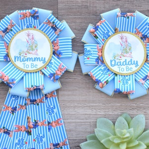Blue Rabbit Baby Shower, Easter Baby Shower, Boy Bunny Mommy to Be Ribbon Pin, Peter Daddy To Be Pin, Parent&#39;s To Be Pin
