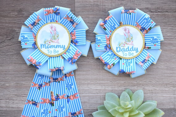 Blue Rabbit Baby Shower, Easter Baby Shower, Boy Bunny Mommy to Be Ribbon Pin, Peter Daddy To Be Pin, Parent's To Be Pin