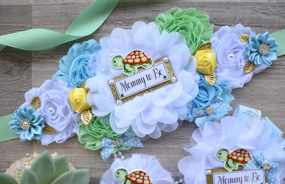 Sea Turtle Baby Shower, Turtle Aqua Blue Flower Sash, Under The Sea Corsage Pin, Turtle Mommy To Be, Turtle Daddy To Be, Turtle Shower
