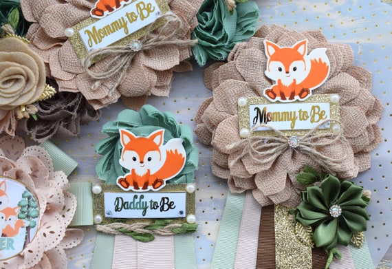 Fox Sage Woodland Baby Shower, Flower Fox Woodland Corsage Pin and Sash Set, Fox Corsage Pin, Woodland Flower Sash, Fox Shower, Woodland Pin