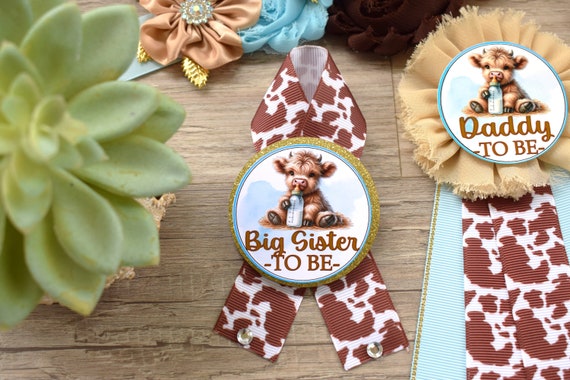 Boy Highland Cow Baby Shower, Blue Tan Brown Maternity Sash, Boy Highland Mommy To Be Pin, Daddy To Be Pin, Boy Highland Cow Corsage Pin