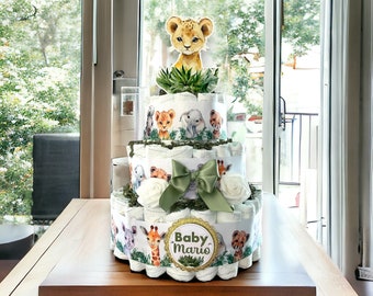 Boy Jungle Safari Diaper Cake Baby Shower, 3 Tier Diaper Cake Centerpieces Decor, Animal Safari, Room Nursery Decor, New Mom Gifts - S0001