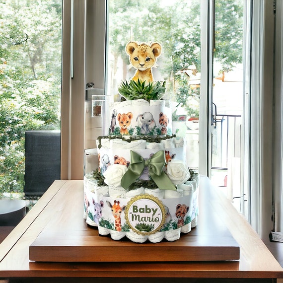 Boy Jungle Safari Diaper Cake Baby Shower, 3 Tier Diaper Cake Centerpieces Decor, Animal Safari, Room Nursery Decor, New Mom Gifts - S0001