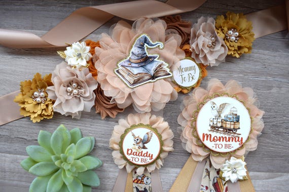 Wizard Baby Shower, Neutral Tan Brown Maternity Sash, Gender Reveal Mommy To Be Ribbon, Daddy To Be Pin, Family Custom Pins, Pregnant Gift