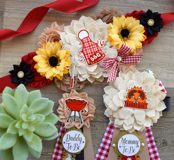 Baby Q Baby Shower Sash, Sunflower BBQ Maternity Sash, BBQ Baby Shower, Mommy To Be Ribbon, Daddy To Be Ribbon Pin, Summer Baby Shower