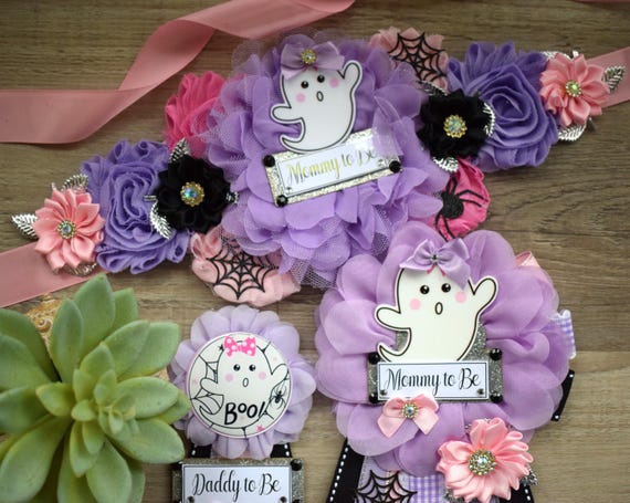 Girl Pink Lavender Ghost Halloween Baby Shower, Pink Maternity Sash, Mommy To Be Ribbon, Daddy To Be Pin, Halloween Baby Shower Gift, Custom