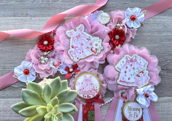 A Berry Sweet Girl Is On The Way Baby Shower, Girl Red Strawberry Maternity Sash, Mommy To Be Pin, Daddy To Be Pin, Spring Baby Shower